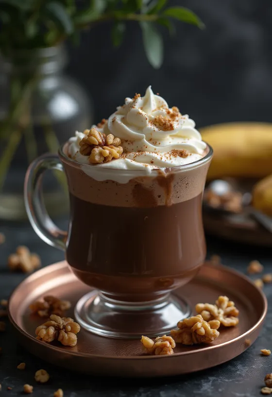 Chocolate quente de banana e noz numa chávena