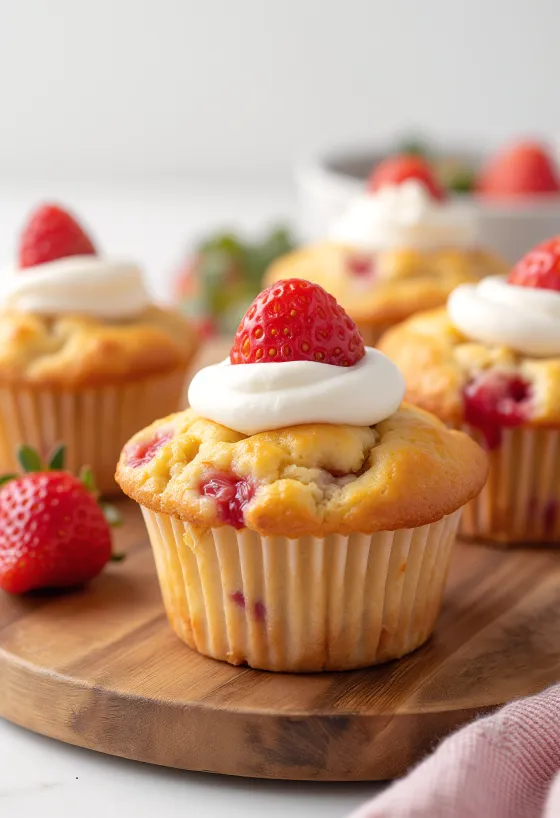 Muffin de morango com natas servido