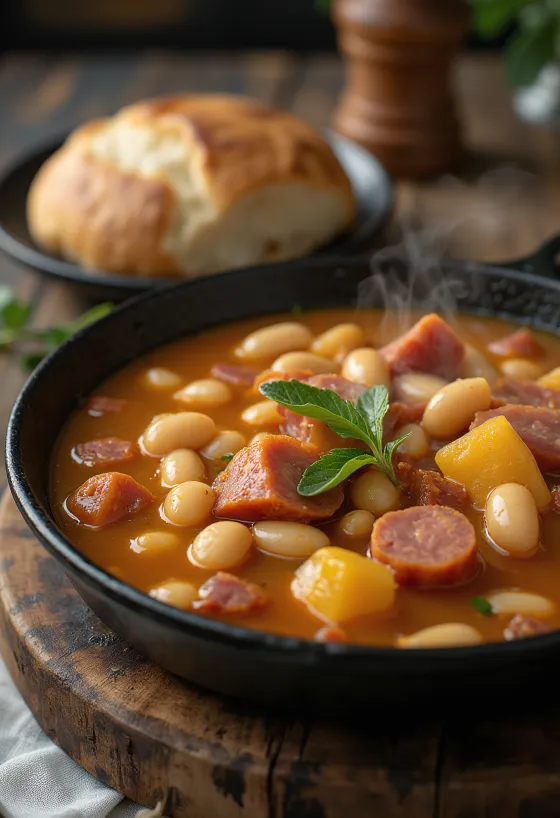 Fabada com fabes de la Granja, sopa rica de feijão com chouriço e presunto serrano