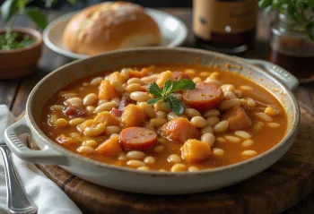 Fabada com fabes de la Granja, sopa rica de feijão com chouriço e presunto serrano