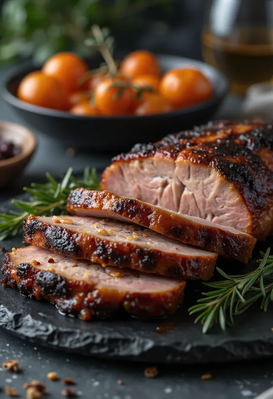 Barriga de porco fumada BBQ servida em tábua de madeira