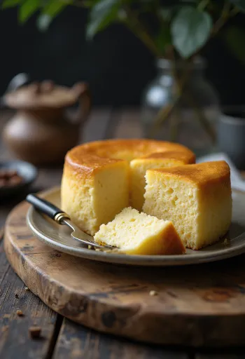 Cheesecake japonês fofo e leve, polvilhado com açúcar em pó