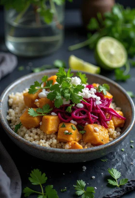 Buddha Bowl de quinoa e lima com tofu de caril e beterraba servido