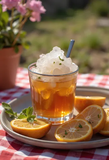 Cocktail Mint Julep decorado com folhas de menta e gelo picado