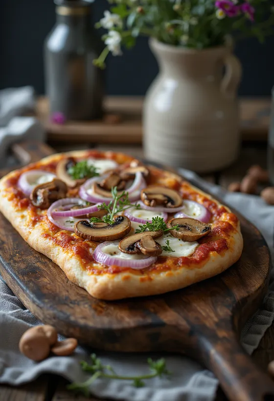 Pizza Finlandese com rena fumada e cogumelos