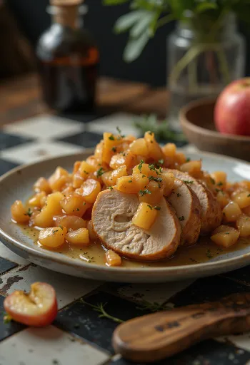 Pork loin servido com compota de maçã e decorado com tomilho fresco