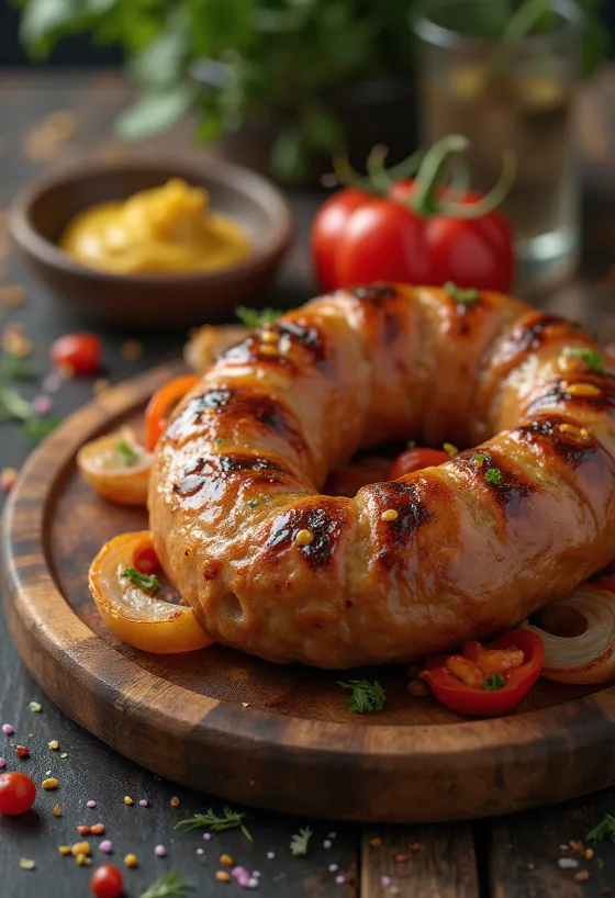 Salsicha assada até ficar dourada, com pele estaladiça e servida com ervas frescas