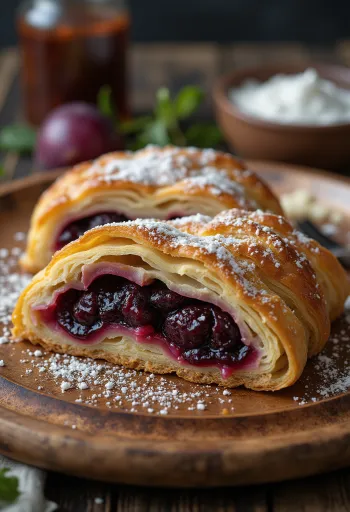 Strudel de ameixa dourado no forno, polvilhado com açúcar e canela