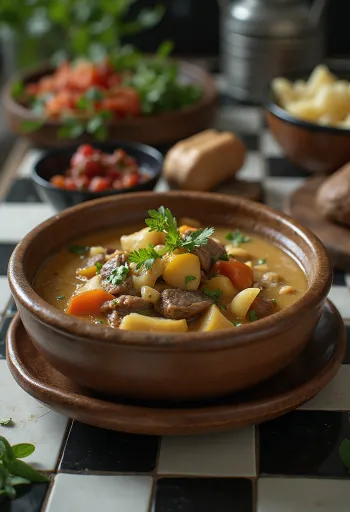 Estufado de yak com chá de manteiga servido numa tigela rústica com ervas frescas