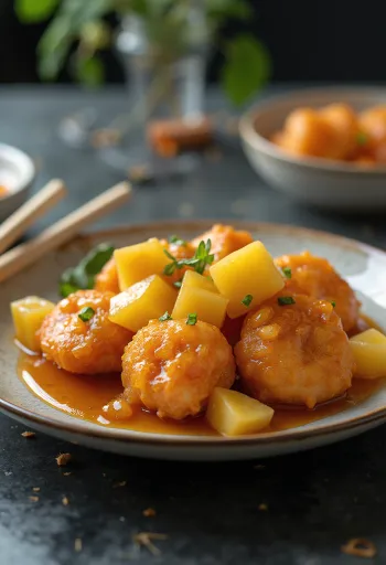 Tangsuyuk de ananás servido com carnes crocantes e legumes frescos