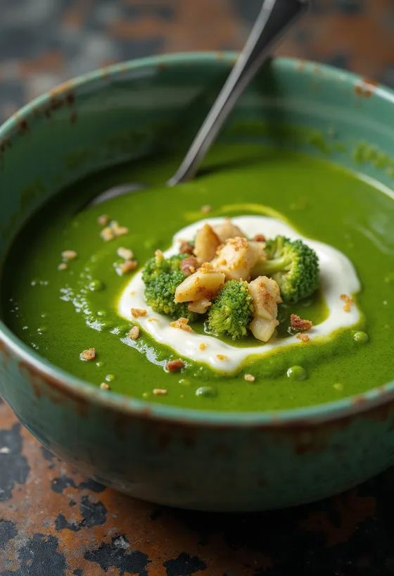 Creme de brócolos com alho e manjericão servido