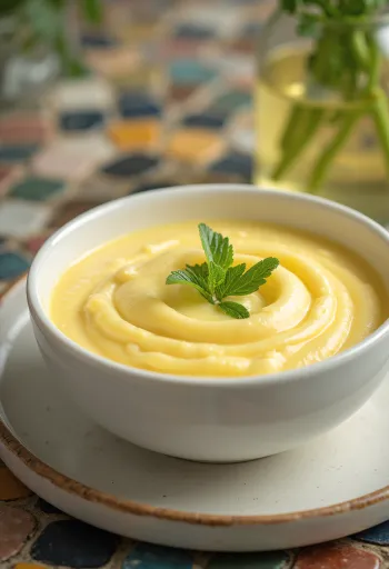 Molho de limão Avgolemono servido com peixe e legumes