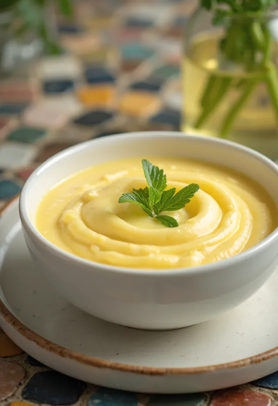 Molho de limão Avgolemono servido com peixe e legumes