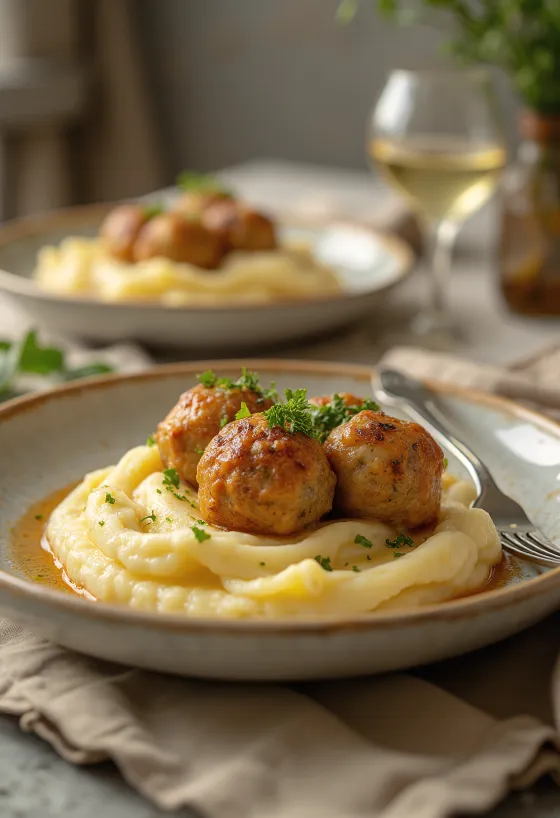 Almôndegas servidas com puré de batata