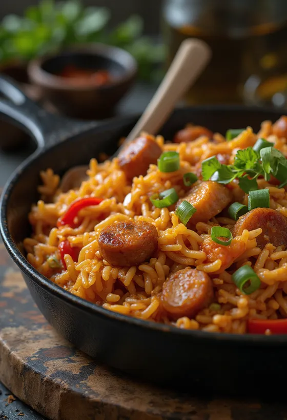 Jambalaya com frango, sabores ricos e ingredientes coloridos