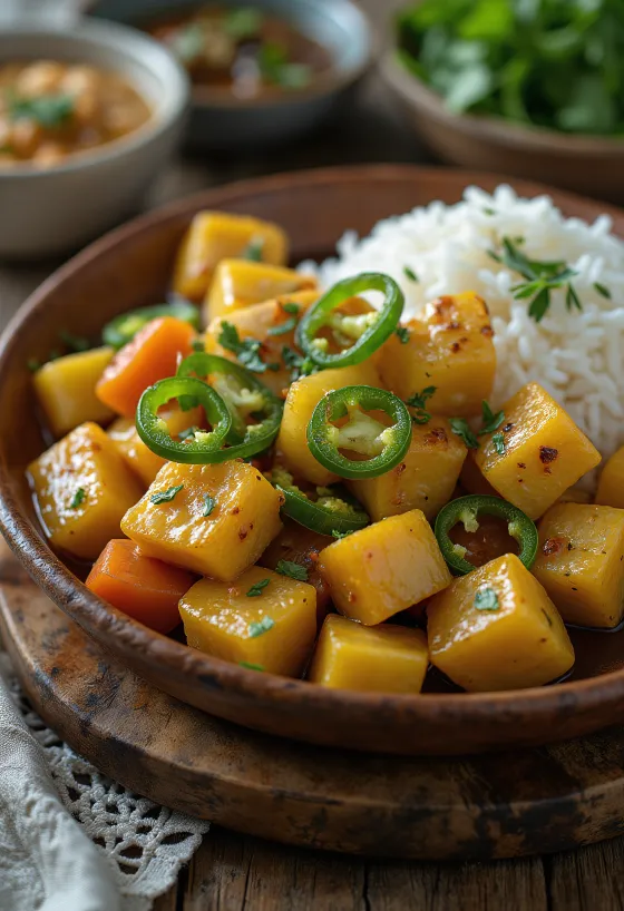 Khar com banana verde, servido com especiarias ricas e legumes