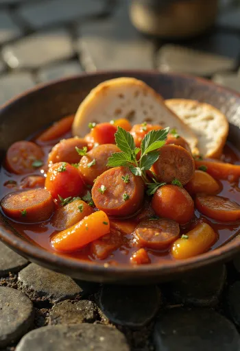 Lecsó servido com pimento fresco, tomate e salsicha fumada