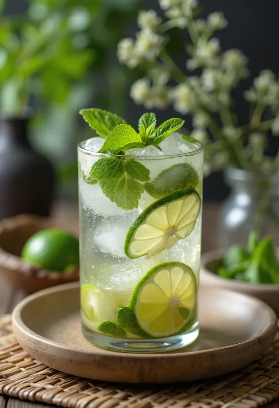 Mojito decorado com folhas de menta fresca e fatias de lima