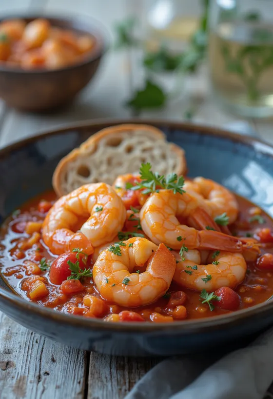 Gambas com tomate servidas com ervas frescas e pão estaladiço