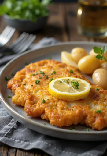 Pork schnitzel burgonyával, carne de porco crocante e batata com manteiga