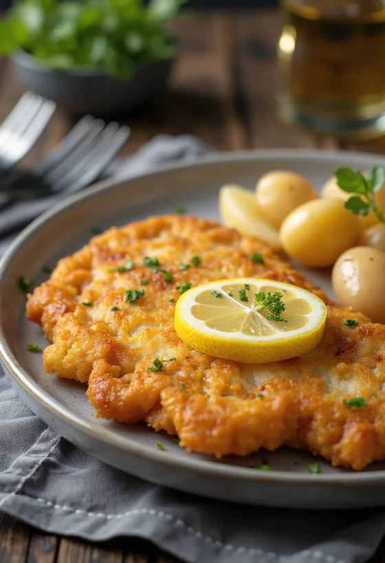 Pork schnitzel burgonyával, carne de porco crocante e batata com manteiga