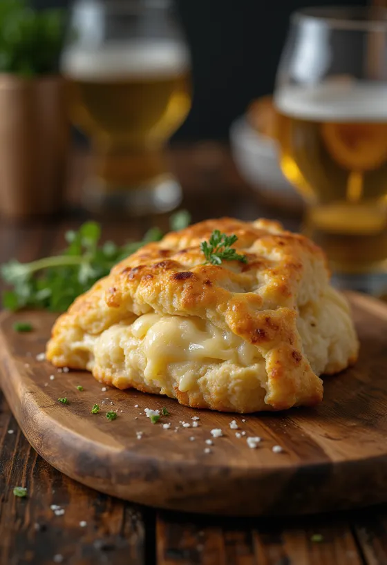 Scone com queijo fumado, servido com chá fresco, macio e dourado