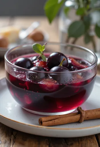 Compota de ameixa caseira temperada com canela e cravinho, servida em taça de vidro.