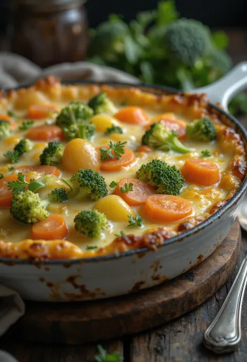 Gratinado de legumes em camadas, assado com queijo e especiarias.