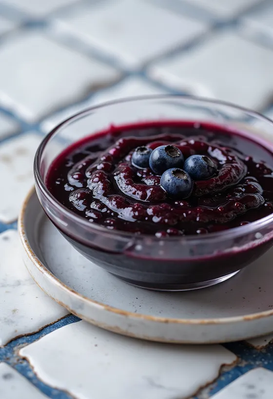 Molho de vinagre balsâmico com mirtilos e chili numa taça, decorado com mirtilos frescos e fatias de chili