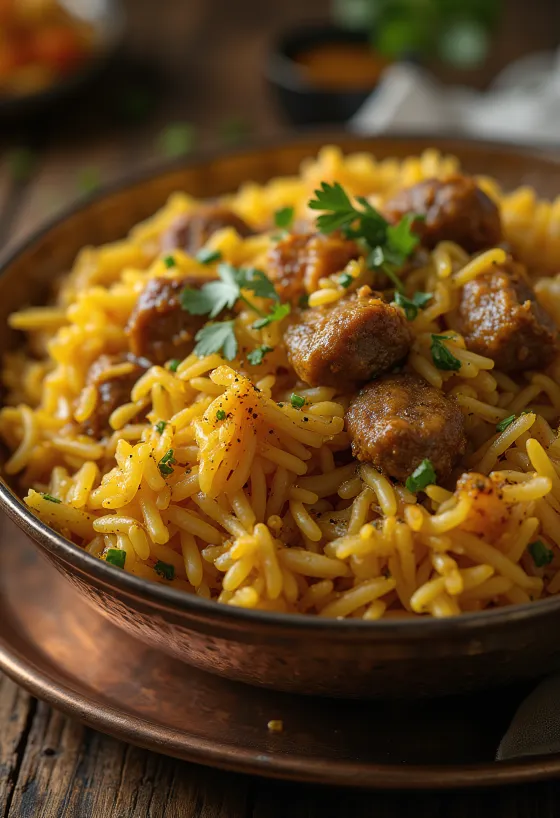 Biryani com carne de vaca, rico em carne de vaca condimentada e arroz basmati, decorado com coentros frescos e hortelã