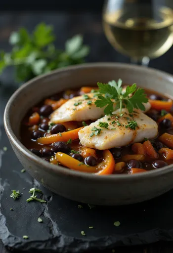 Feijoada com peixe fumado, servida com coentros frescos