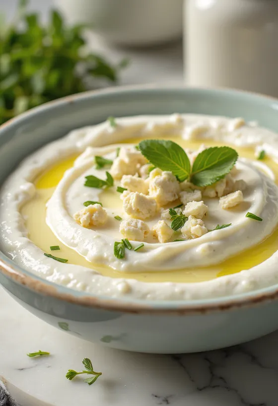 Molho de iogurte com feta e aneto servido com pão pita fresco