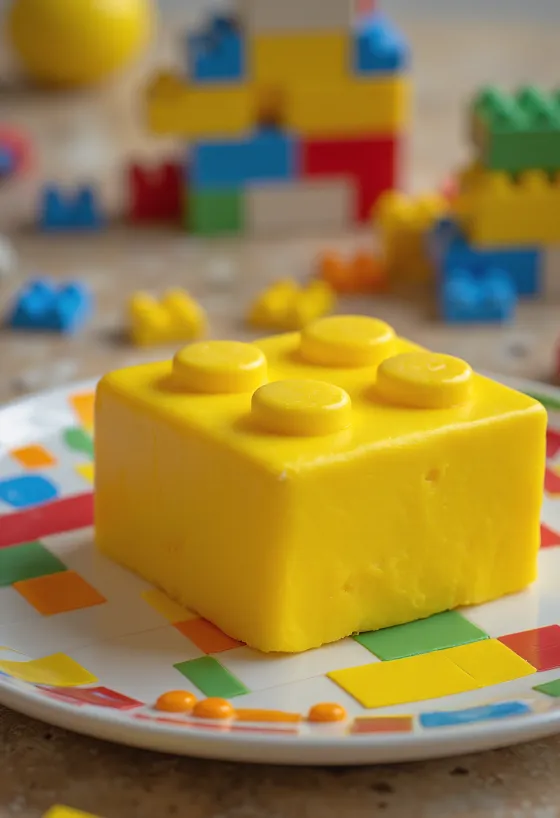 Bolo LEGO com cobertura de pasta de açúcar colorida e decoração de blocos de construção