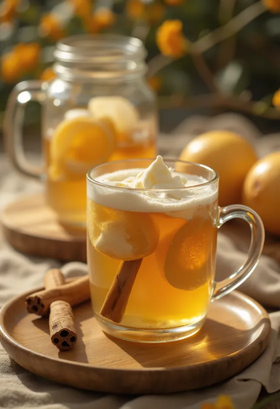 Sidra com mel e gengibre servida em copo