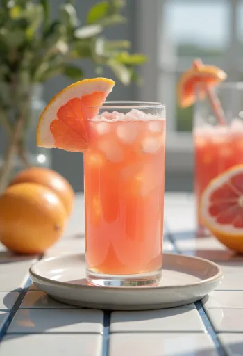 Sumo de laranja e toranja num copo alto, decorado com fatias de laranja e toranja