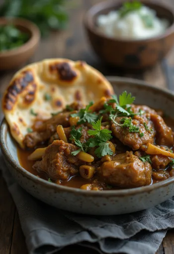 Paye com pão naan servido com coentros frescos