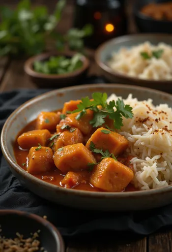 Pork Vindaloo servido com arroz e coentros frescos