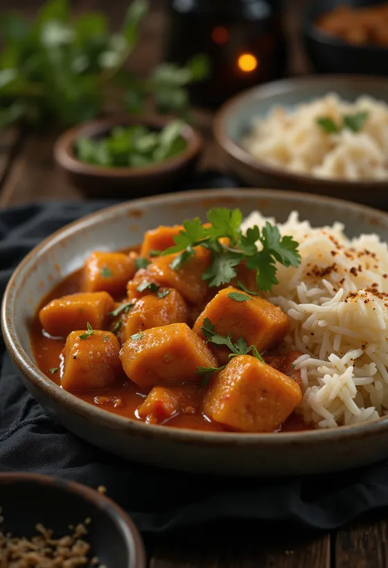 Pork Vindaloo servido com arroz e coentros frescos