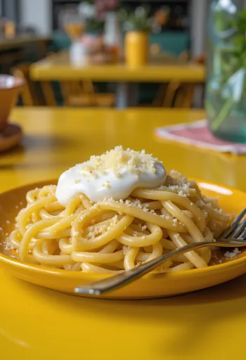 Massa com queijo e natas azedas quente polvilhada com queijo ralado, servida em prato branco.
