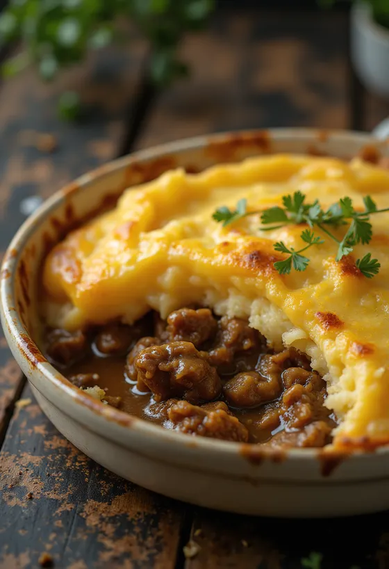 Shepherd’s Pie servida com uma camada de puré de batata estaladiço