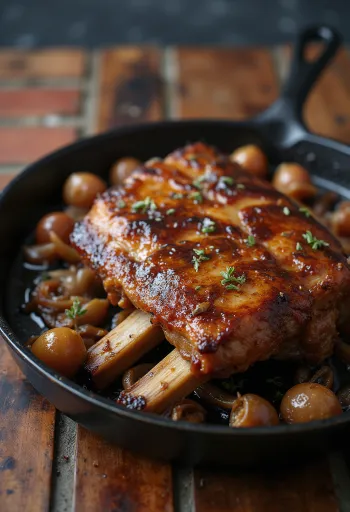 Entrecosto assado dourado com crosta crocante, servido com ervas frescas e batatas assadas.