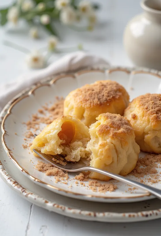 Bolas de ameixa acabadas de fazer com açúcar e canela e pão ralado