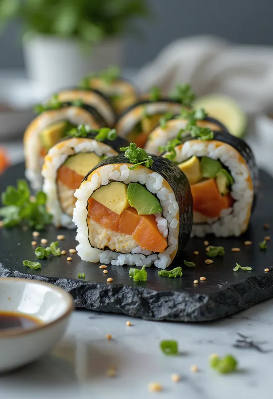 Sushi vegano com tofu, legumes e molho de soja