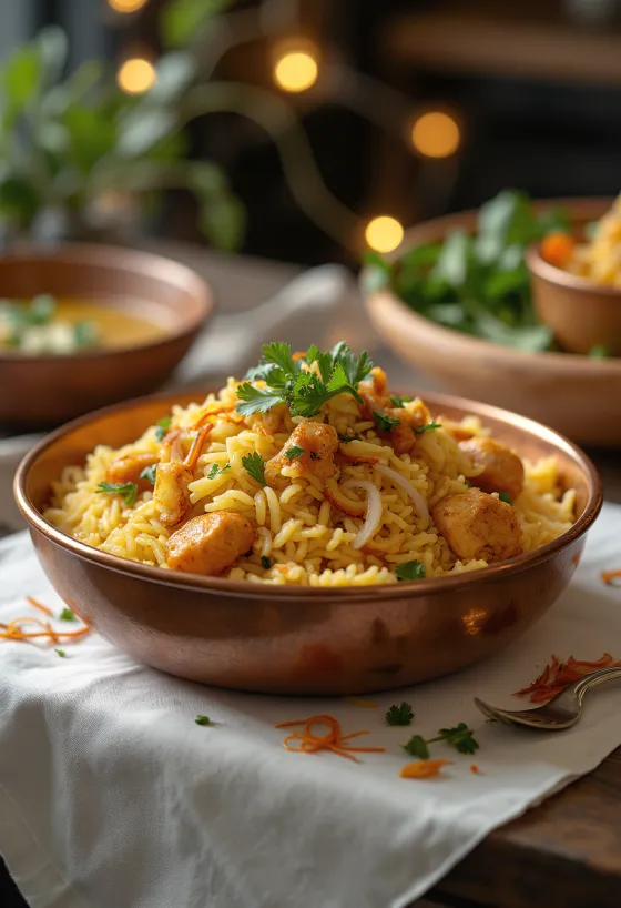 Biryani de frango, decorado com coentros frescos e hortelã