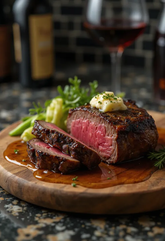 Chateaubriand steak, servido com legumes cozidos e manteiga