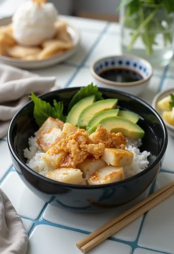 Chirashizushi com tofu inari, servido com vegetais frescos