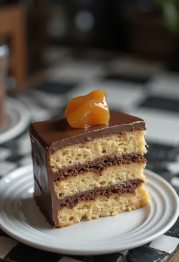 Bolo Dobos recheado com camadas de caramelo e creme de chocolate