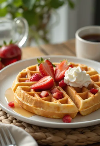 Waffles de morango com fruta fresca e natas
