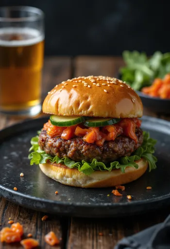 Hambúrguer coreano recém-preparado com cobertura de gochujang e kimchi
