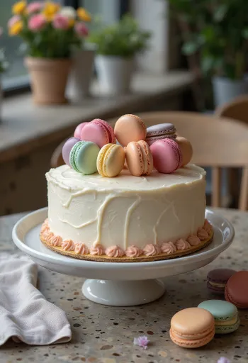Bolo decorado com macarons de várias cores